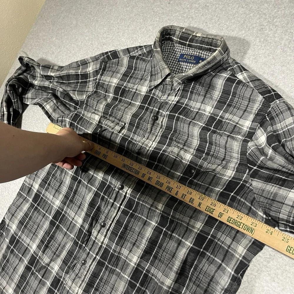 Polo Ralph Lauren Shirt Mens XL Gray Flannel Pearl Snap Western Plaid Cotton LS